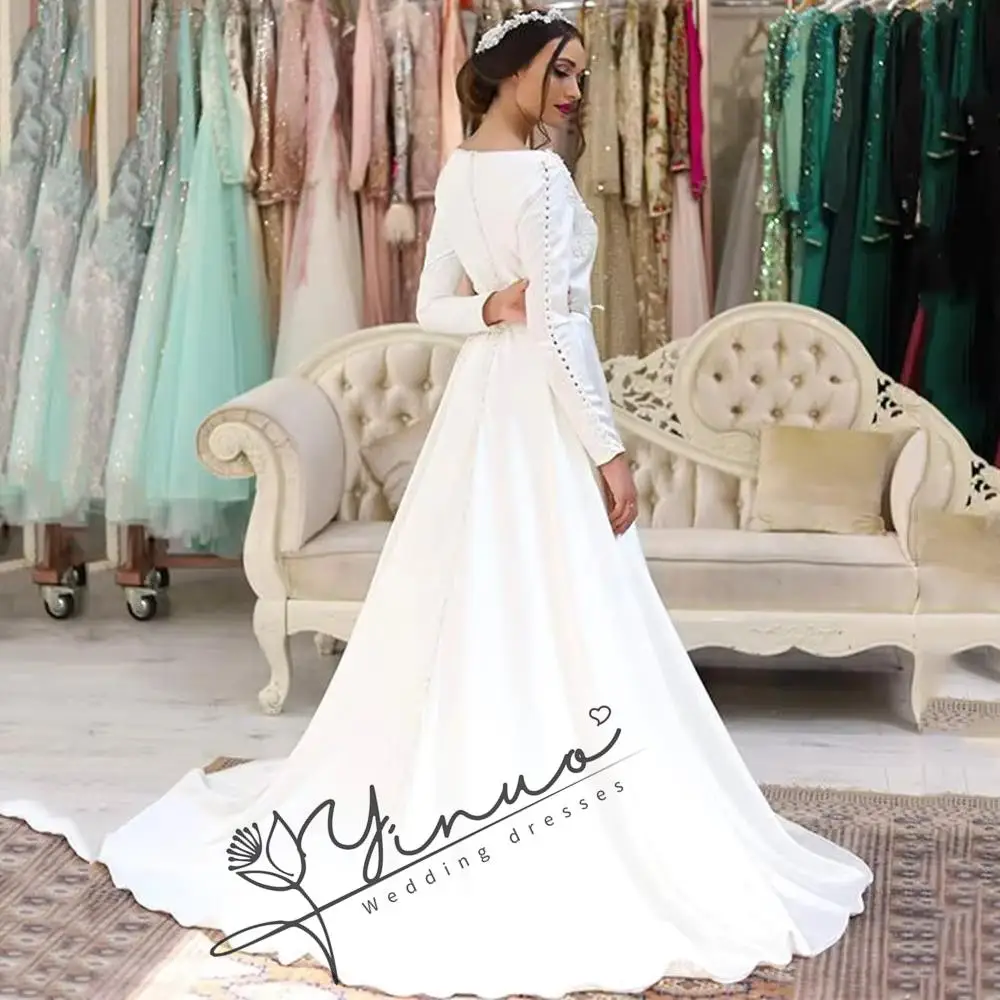 customized White Satin Caftan Morocca Evening Dress Long Sleeves Appliques Customized Islamic Dubai Saudi Arabic Evening Dress P