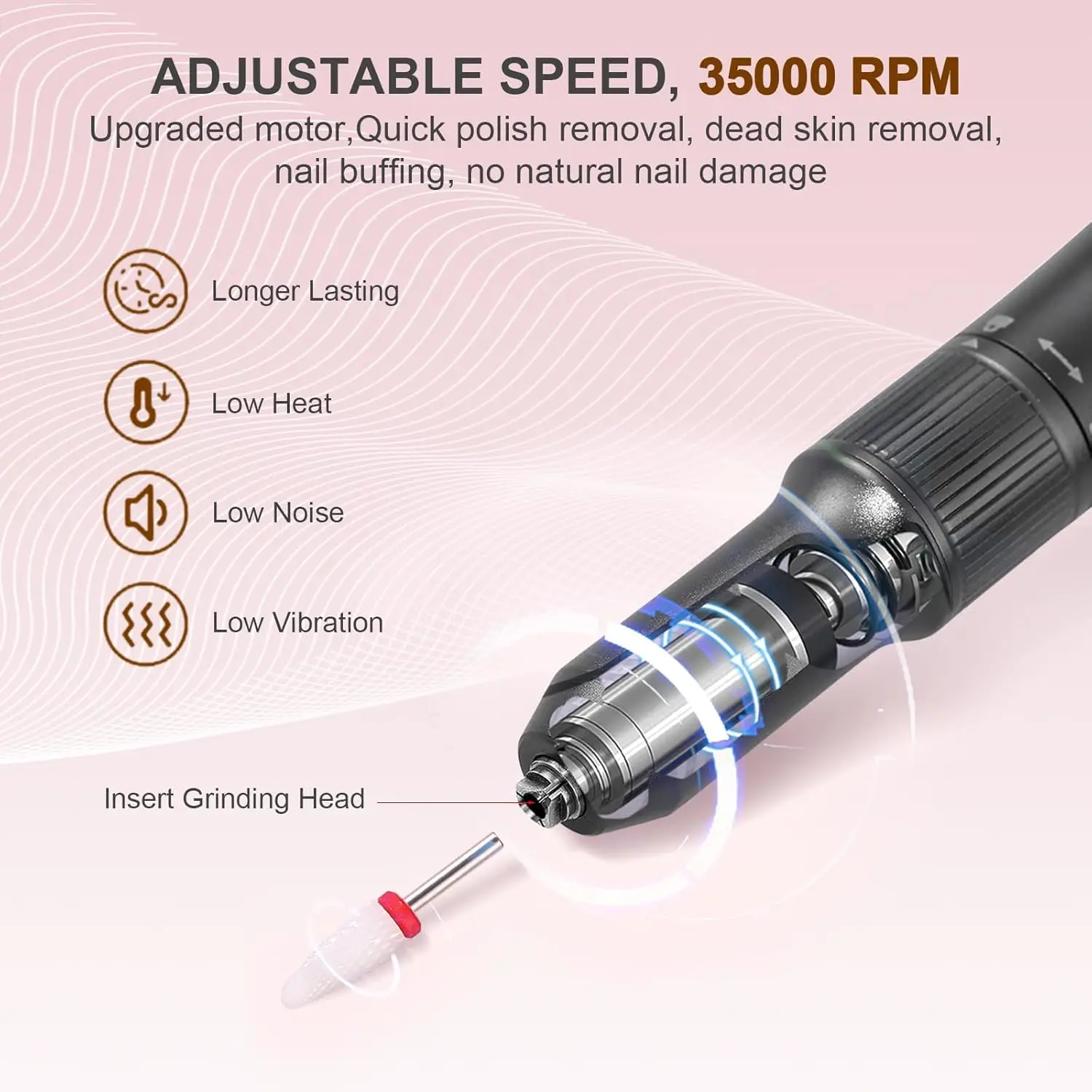 جهاز حفر الأظافر الكهربائي القابل لإعادة الشحن، 2 في 1 مع مصباح الأشعة فوق البنفسجية، 35000 دورة في الدقيقة، آلة تلميع الأظافر المحمولة اللاسلكية