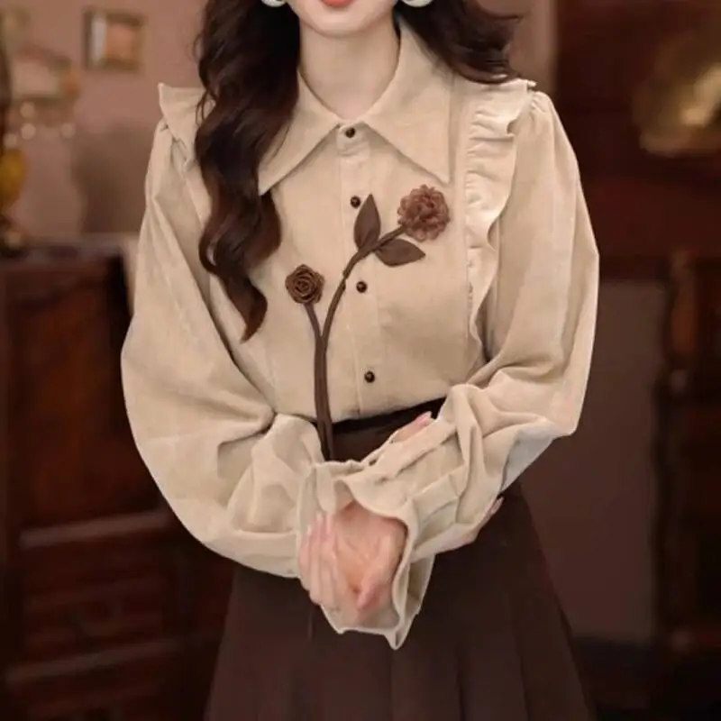 

Осенняя женская винтажная рубашка с рюшами и цветочным дизайном, элегантная шикарная милая блузка с лацканами, однотонные свободные топы с длинными рукавами, Camisas De Mujer