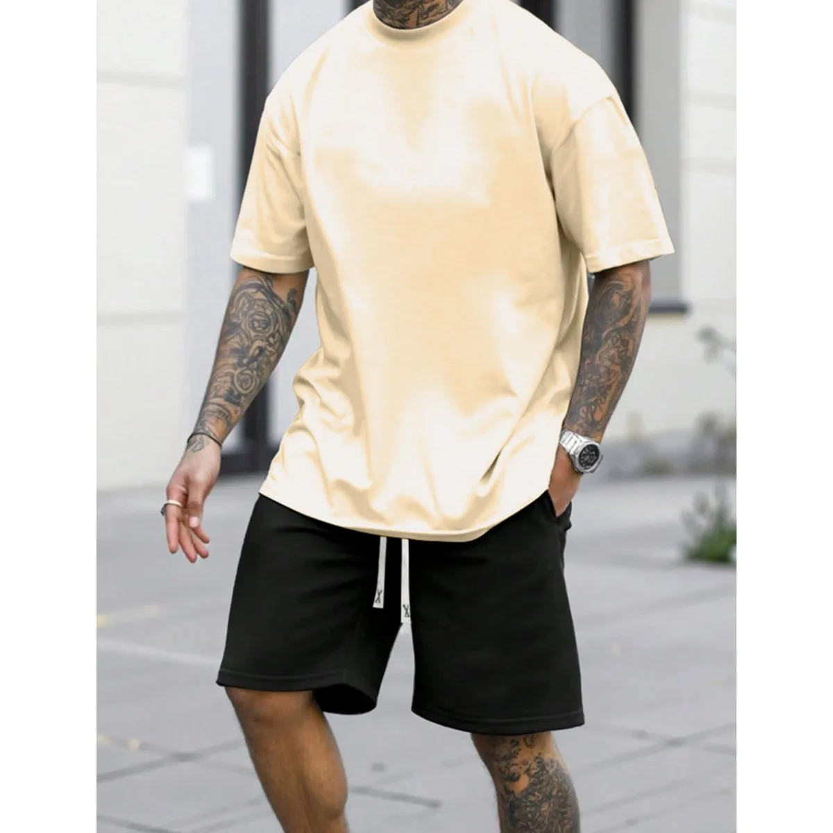 طقم تي شيرت رجالي كاجوال برقبة دائرية، طقم تي شيرت صيفي أنيق من مزيج القطن بأكمام قصيرة للاستخدام اليومي