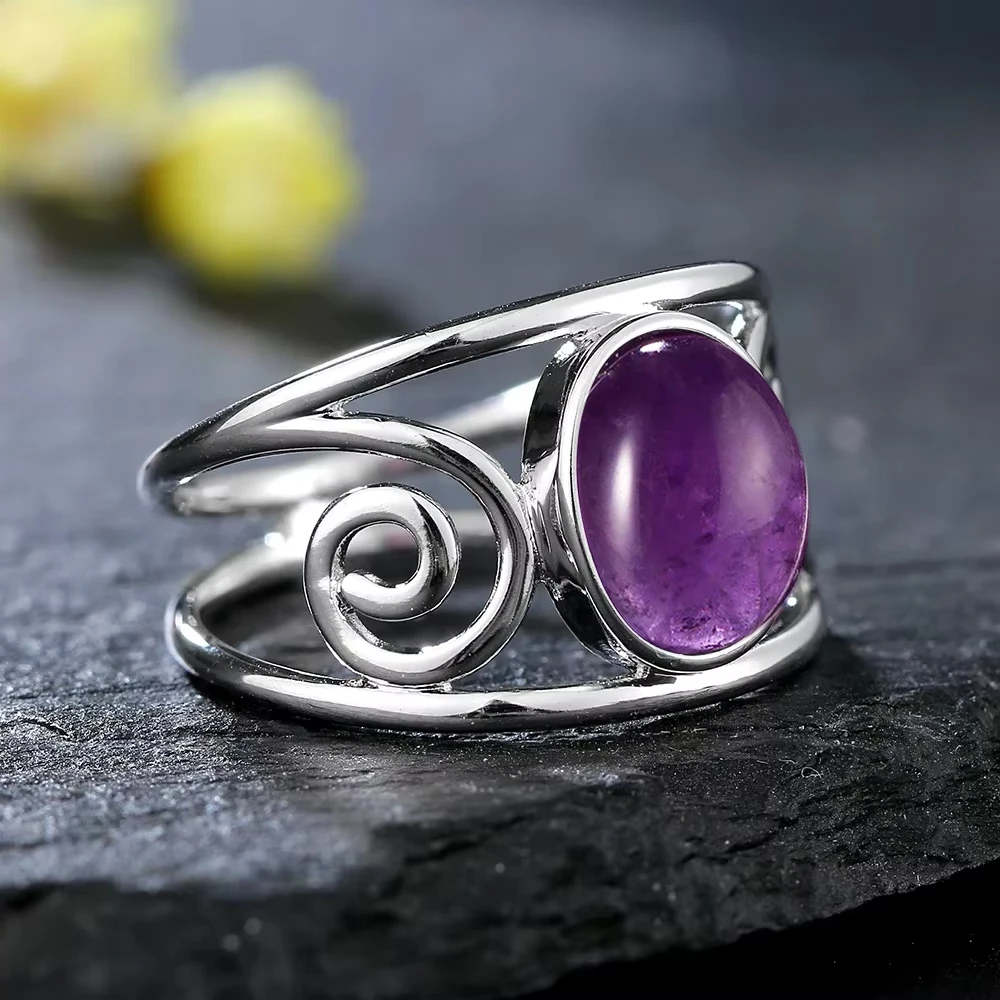 S925 Silver Natural Amethyst Rings 8*10MM Natural Gemstone Retro Silver Oval Shape Ring Fine Jewelry Gifts For Women