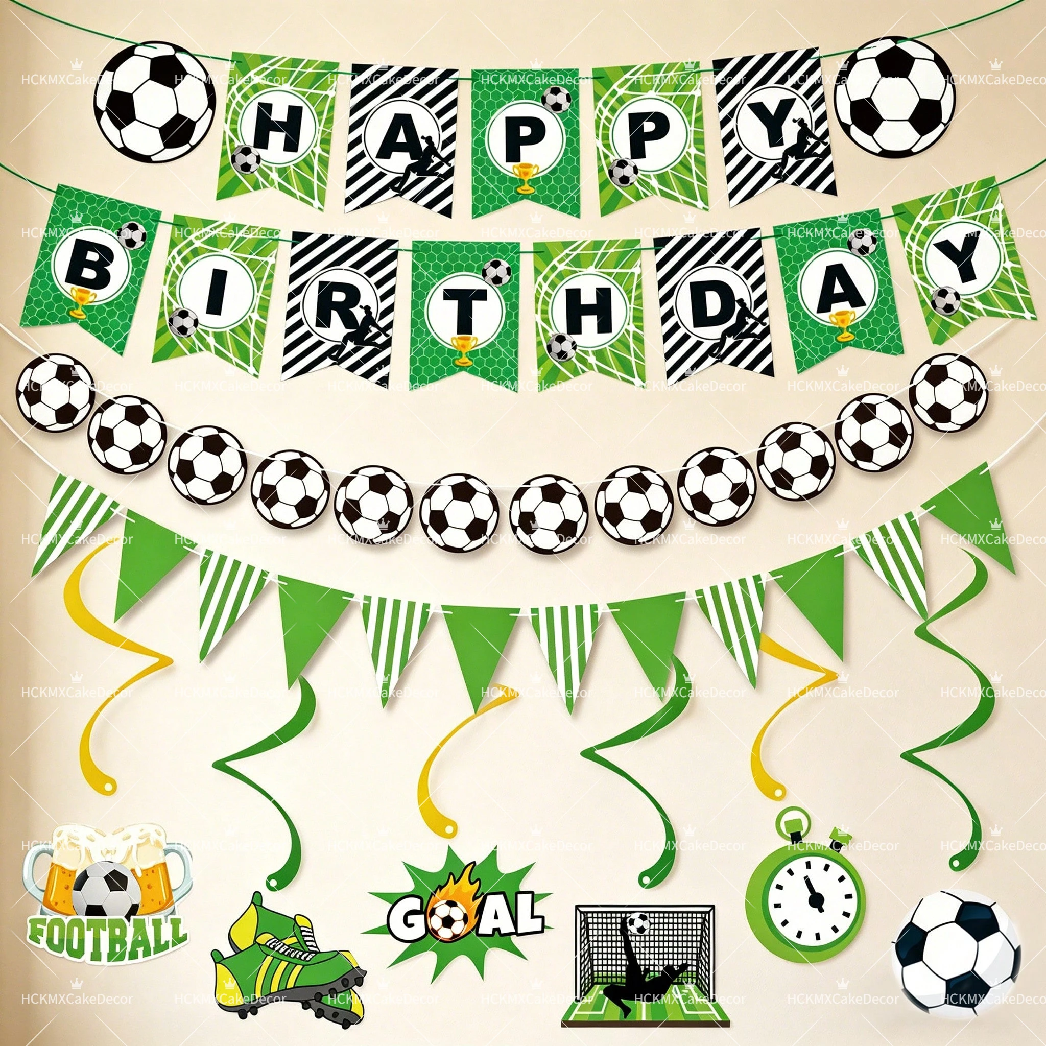 1 ensemble de décorations de fête d'anniversaire sur le thème du football - Bannière Joyeux Anniversaire, guirlandes et spirales pour enfants et garçons