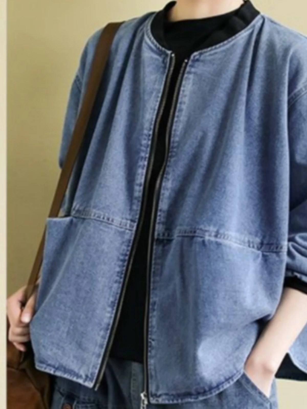 Chaqueta Corta Informal Hoada con Cierre, Cuello Redondo, Manga Larga, Estilo Urbano para Mujer, Mezcla de Aodón y Poliés...