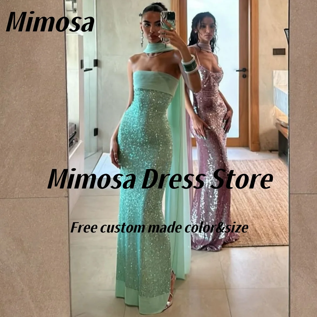 

Mimosa Sparkling Sequins Prom Dresses Strapless Sexy Backless Wedding Party Dress with Shawls Special Evening Gowns Customized