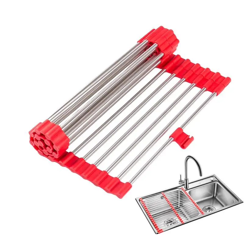 

Roll Up Dish Drying Rack Foldable Stainless Steel Dish Drainer Kitchen Sink Holder Bowl Tableware Plate Suspended Organizer