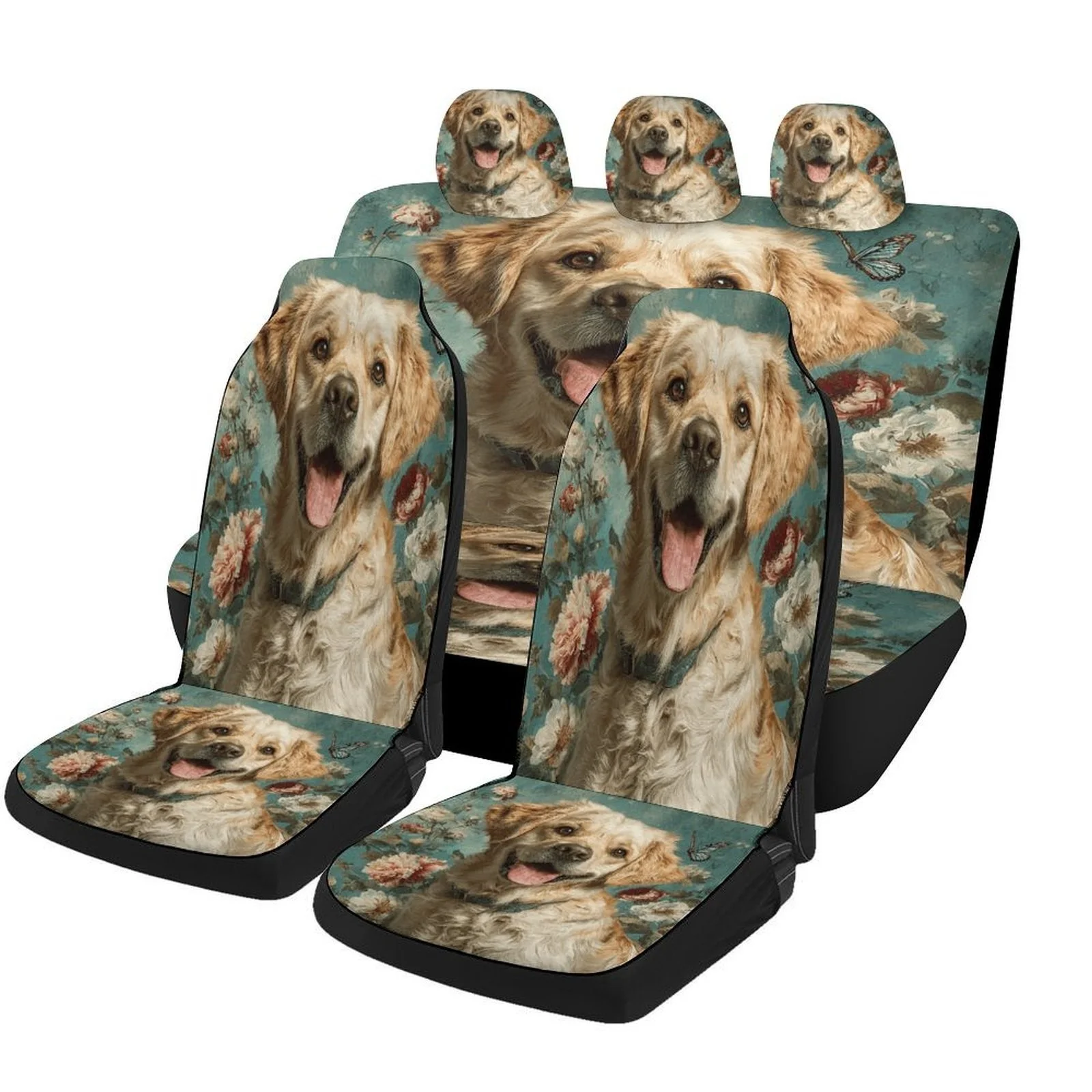 Floral Dog Portrait Designed Car Seat Cover Set For Most Cars, High-quality Comfortable Car Seat Protector Covers Full Set, Univ