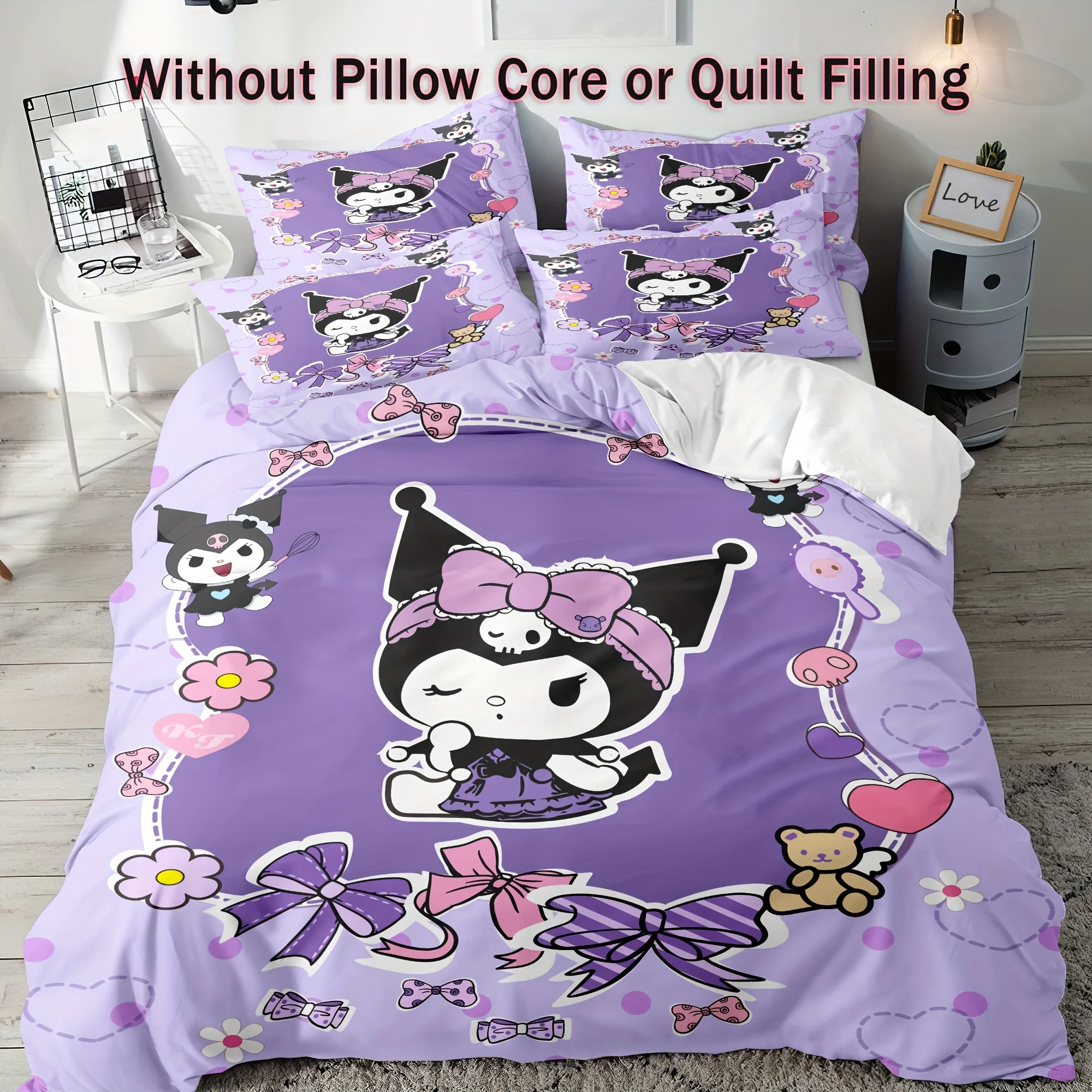 Kuromi Purple Cartoon Duvet Cover Bedding Set Breathable Duvet Cover with Zipper Closure 1 Duvet Cover and 2 Pillowcases