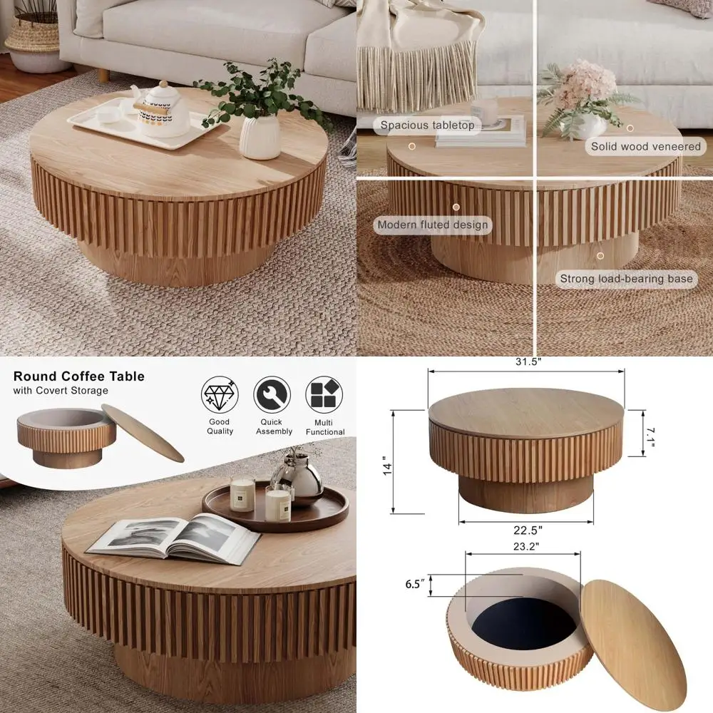 

современный деревянный журнальный столик с круглым центральным ящиком для хранения акцентов и чая.