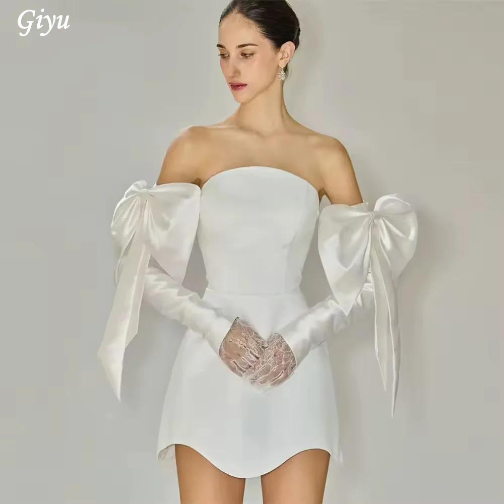 Giyu Simple Wedding Dresses For Woman Off The Shoulder A Line Mini Satin Long Sleeves With Bow Design Bridal Gown Customized