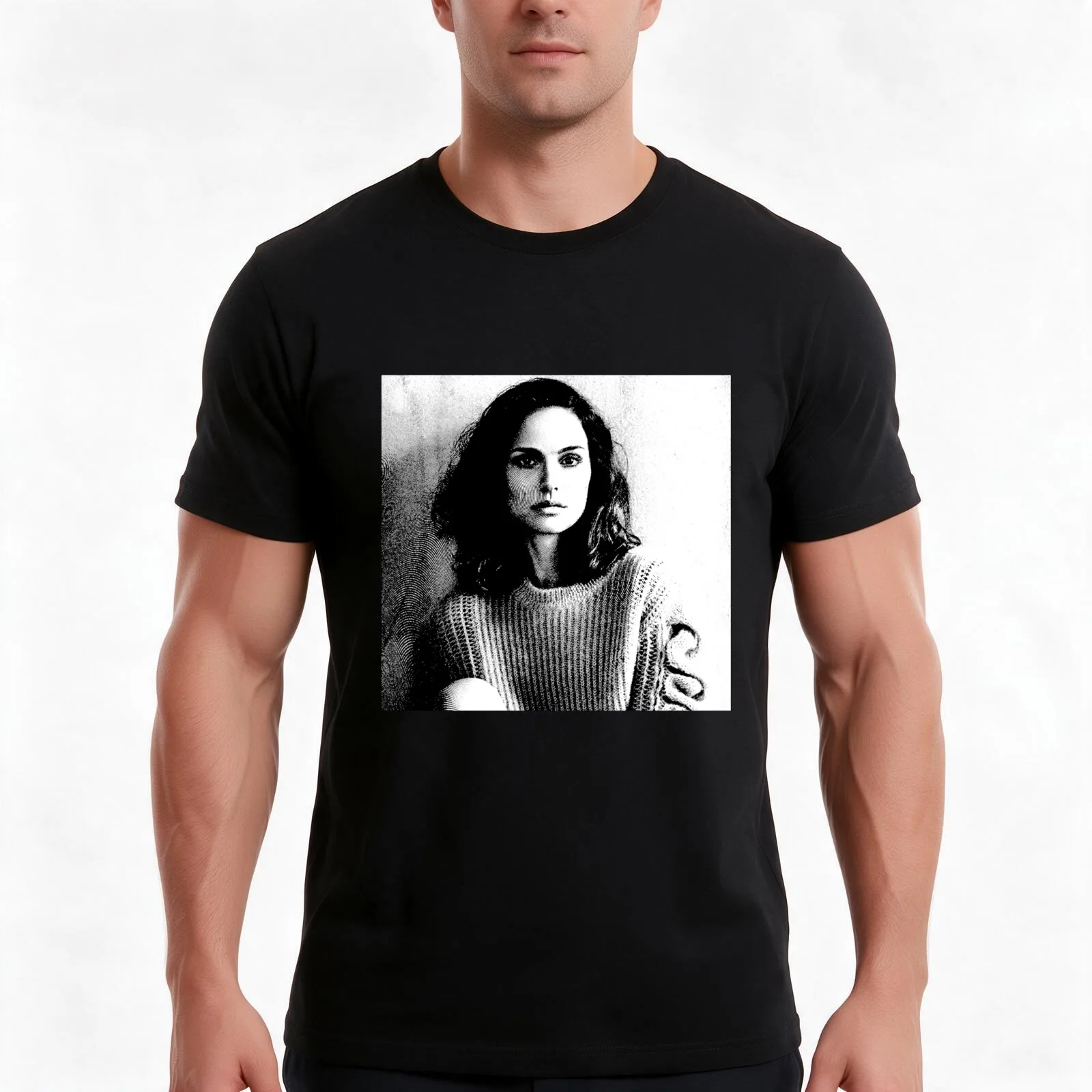 Natalie Portman Black & White Portrait (Linocut) T-Shirt, Summer Casual Cotton Tee, Oversized Streetwear Tops, Unisex Men Women