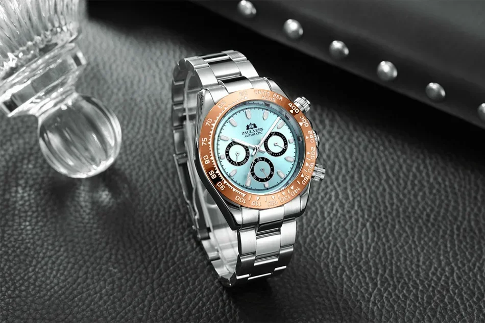 Automatic Mens Watch Self Wind Mechanical Gold Stainless Steel Glacier Ice Blue Dial Chestnut Brown Bezel Luminous Men Watches