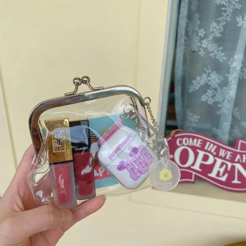 Ins Transparent Simple PVC Coin Purse Wallet With Pendant Vintage Iron Clip Small Item Storage Bag Girls Cosmetics Lipstick Bag