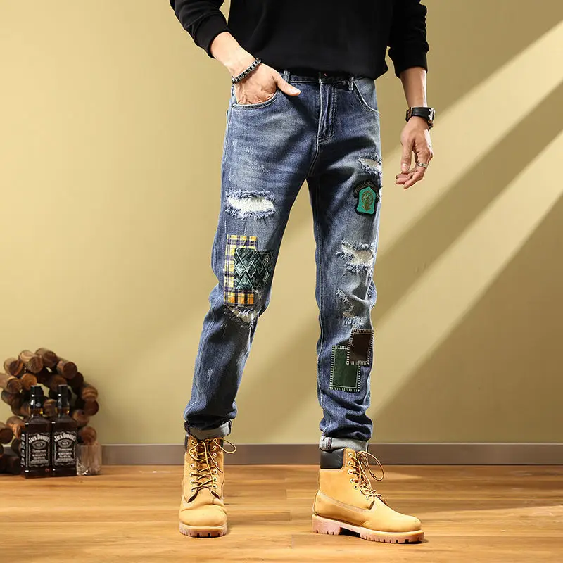 Korean jeans men's handsome patch Ripped  vintage jeans autumn 2022 versatile elastic European and American youth trousers
