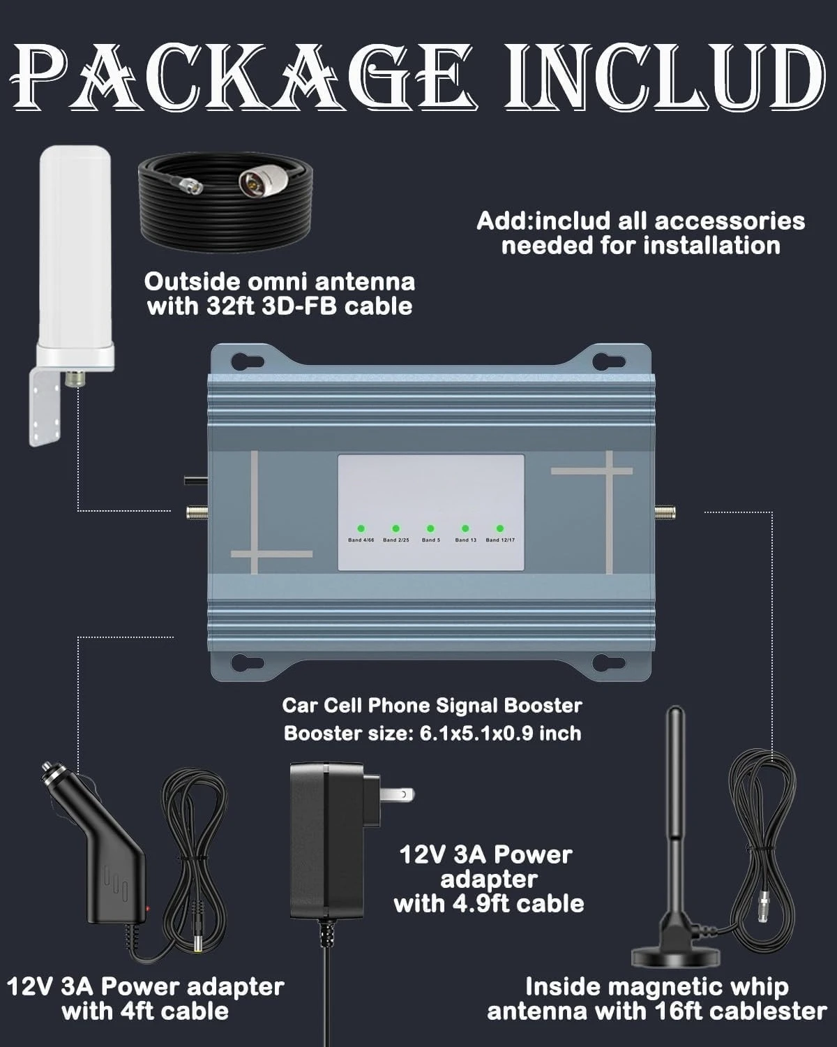 Upgarde Cell Booster for Car, Truck Cell Phone Signal Booster on Band 2/4/5/12/13/17/25/66 for 5G Support All U.S.Carriers