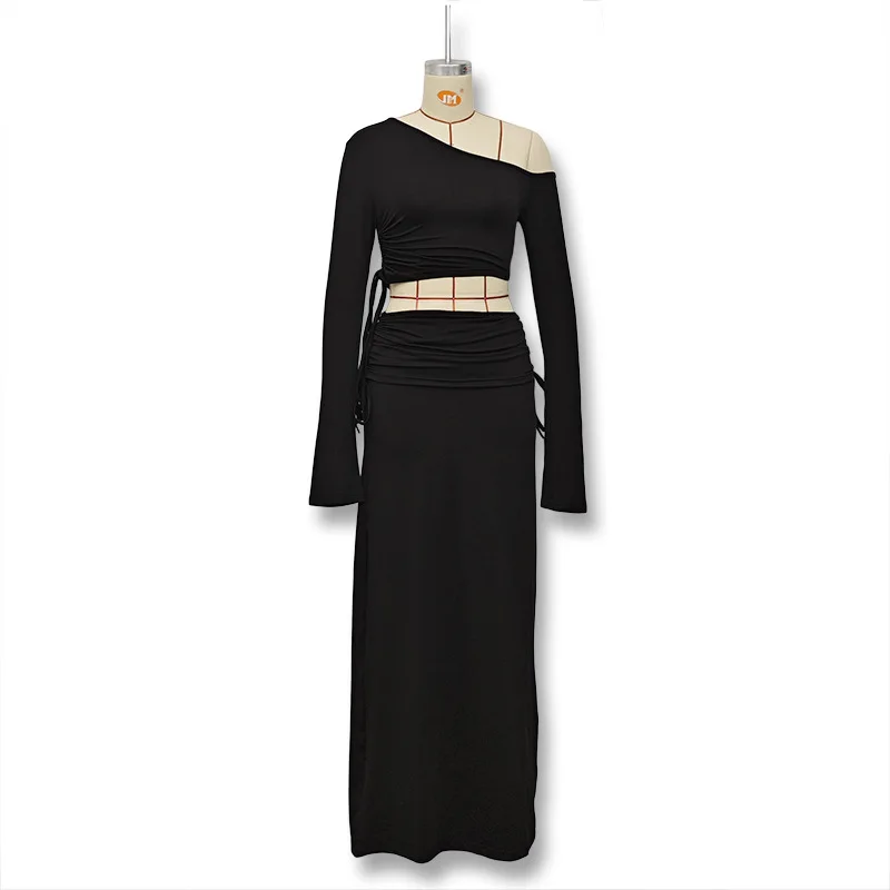 Ensemble jupe 2 pièces Sexy pour femmes, épaules dénudées, manches longues, haut court et jupe Maxi, tenues de Festival en boîte de nuit