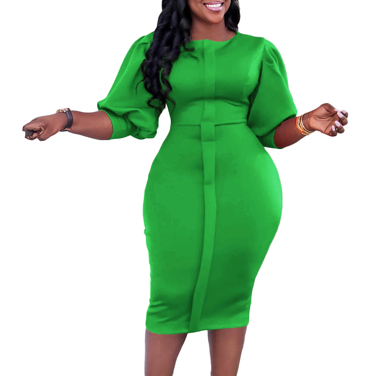 2023 African Dresses for Women Elegant Summer African Half Sleeve O-neck Polyester Green Red Black White Knee-length Dress S-3XL