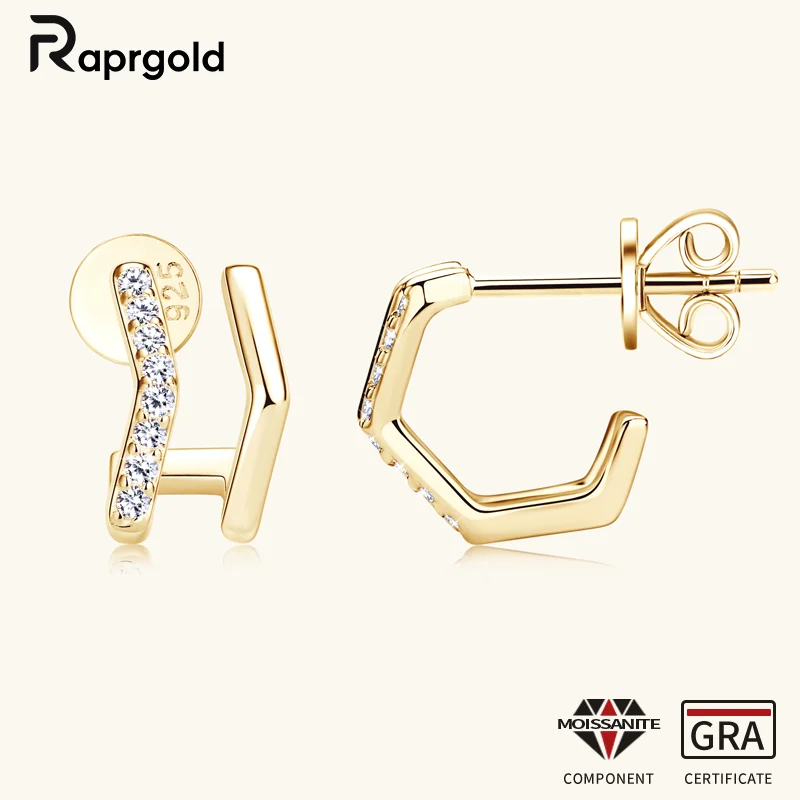 

RAPRGOLD GRA Certified Moissanite C-shaped Stud Earring for Women Real 925 Sterling Silver Piercing Earrings Daily Jewelry Gifts