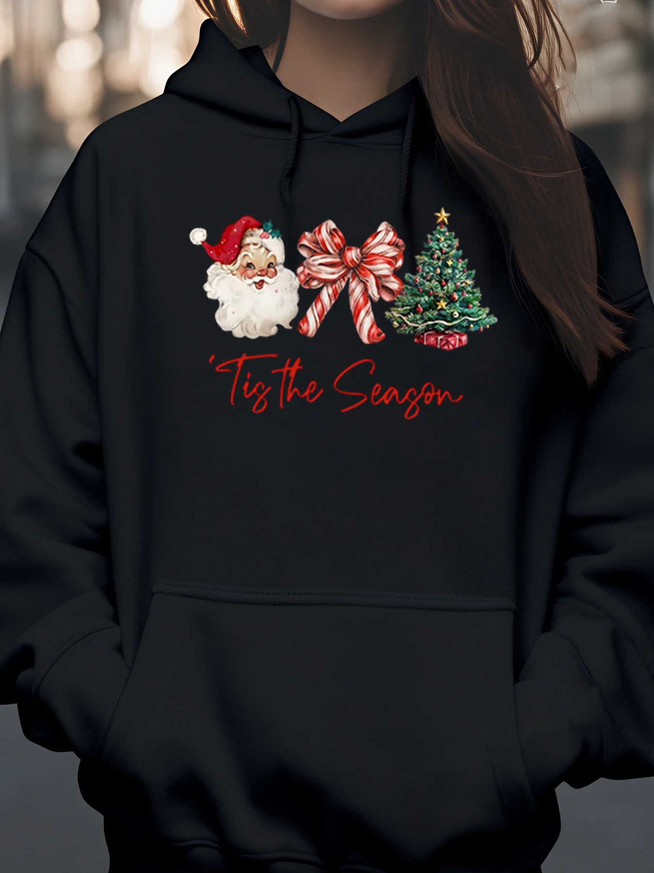 Рождественская толстовка с принтом Санта-Клауса и рождественской елки и банта, праздничный наряд, женская повседневная одежда