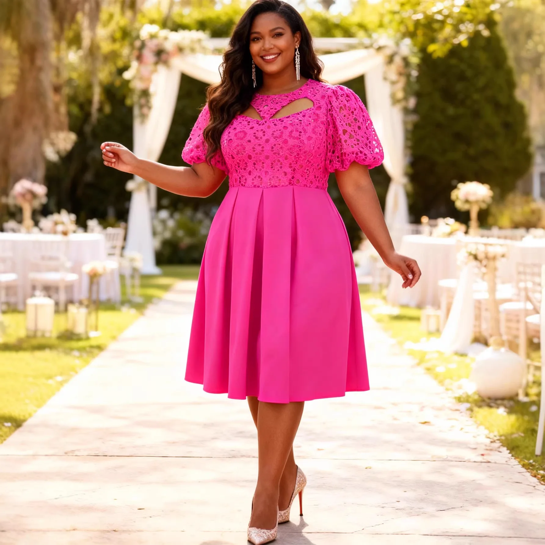 

Plus-size Women's Dress With Hollow-out Collar And Lace Trim, Elegant Lantern Sleeve Party A-line Dress Elegantes Casual Y2K