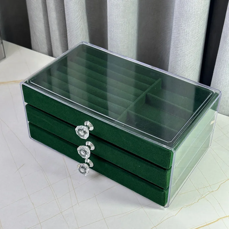 Dustproof Velvet Jewelry Storage Box Earring Ring Organizer Drawer Style Wine Red Fabric Cosmetic Desk Jewelry Case
