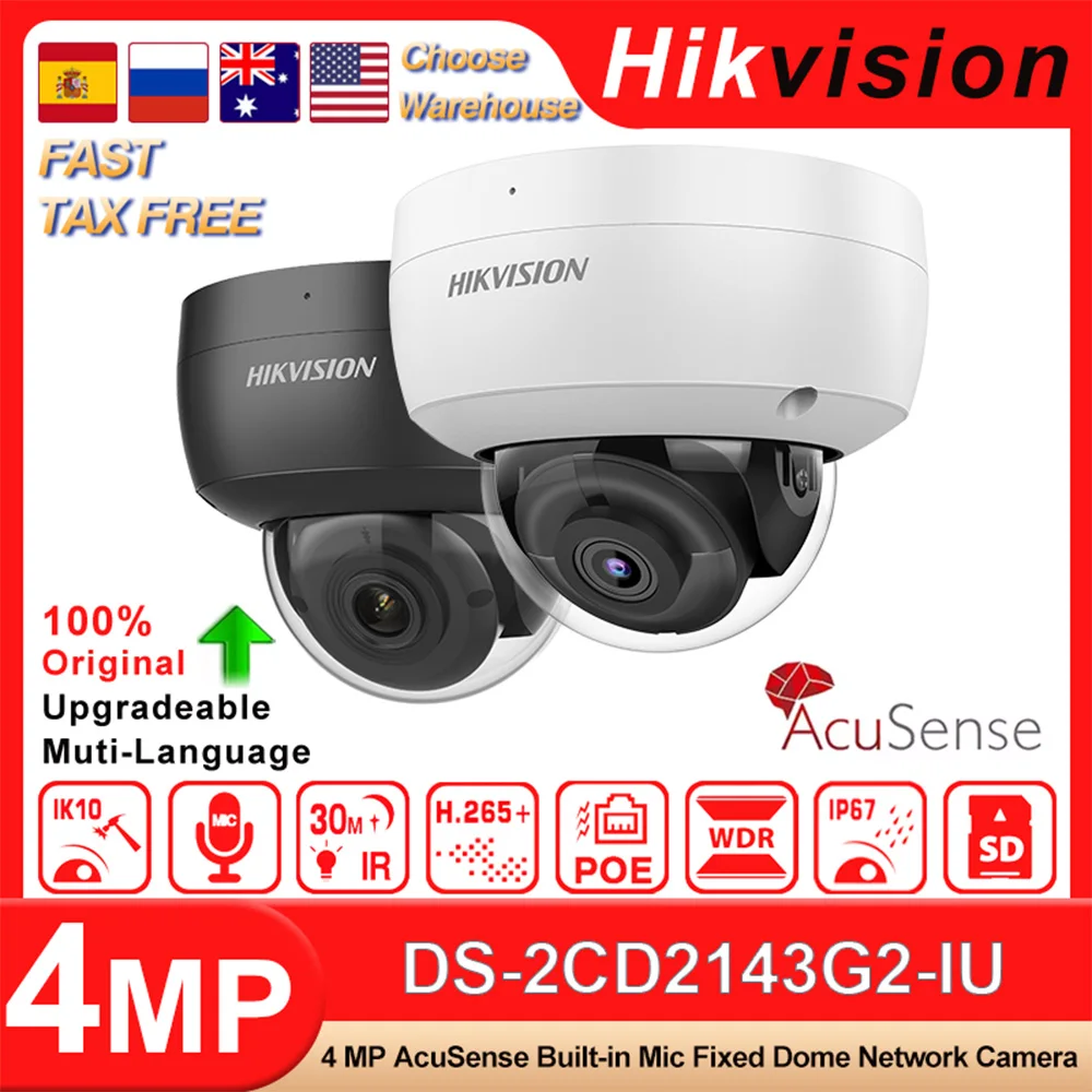 Hikvision Original DS-2CD2143G2-IU 4MP POE AcuSense Built-in Mic Fixed Human&Vehicle Detect Dome Network Camera H.265+ IP67&IK10