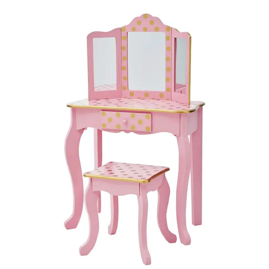 

Kids Pretend Play Kids Vanity, Table amp Chair Vanity Set with Mirror, Girls Makeup Dressing Table with Storage Drawer amp Polka