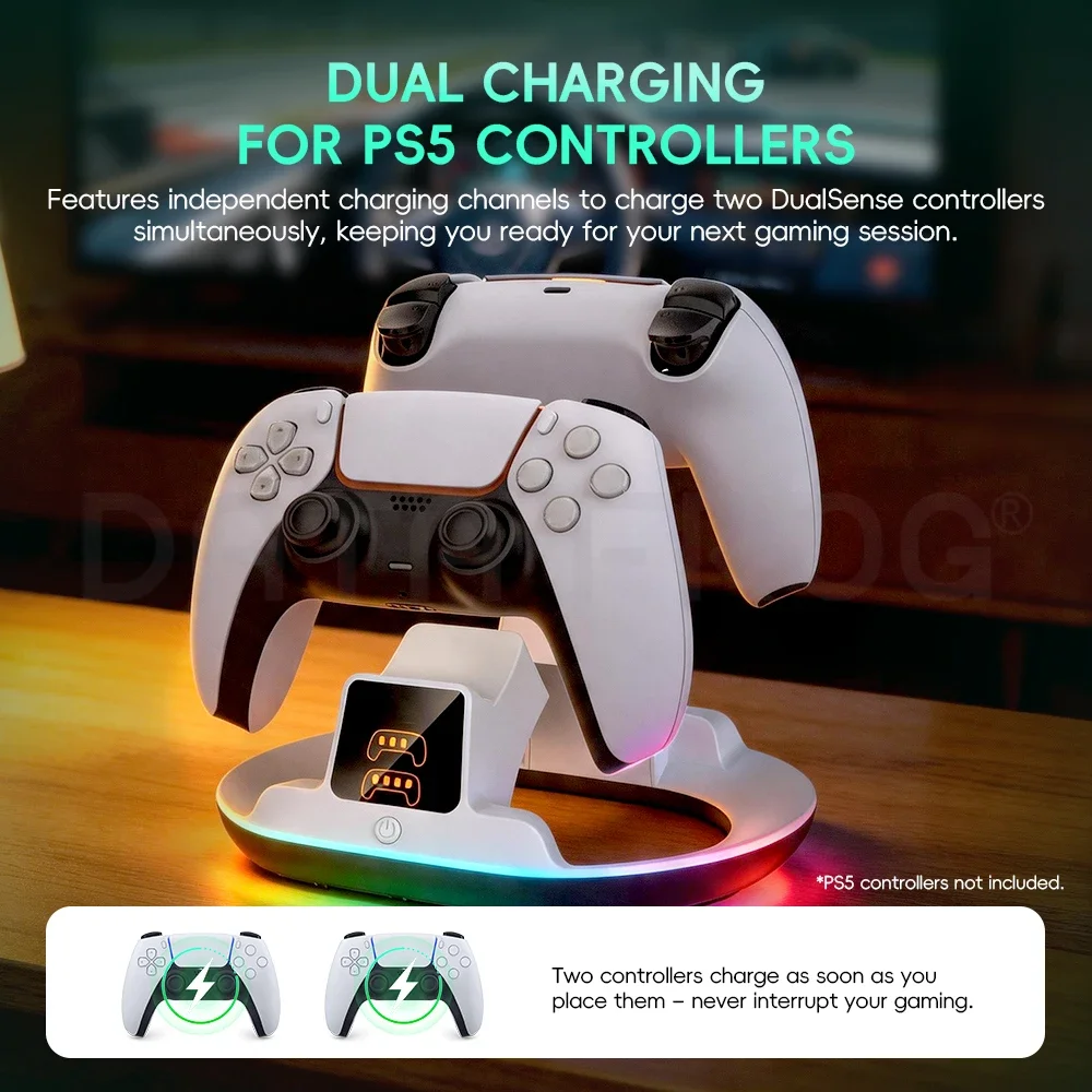 DATA FROG for PS5 Controller Charging Station, Accessory Kit Compatible with PlayStation 5 DualSense, LED Display, RGB Gift view 4