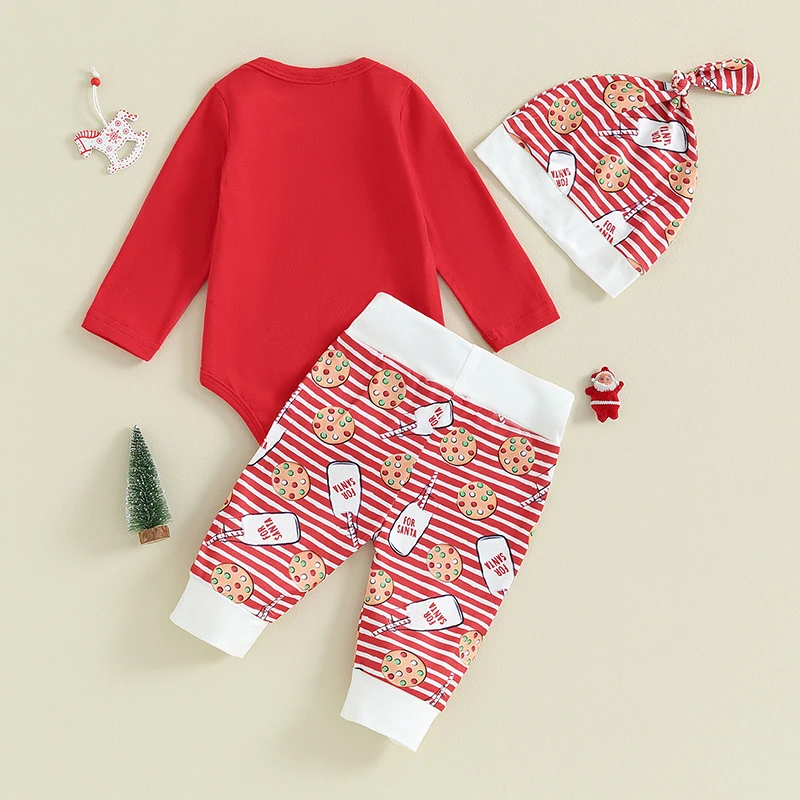 Christmas Baby Outfit Set with Long Sleeve Romper Gingerbread Cookie Print Pants and Festive Hat - Infant Clothing for the