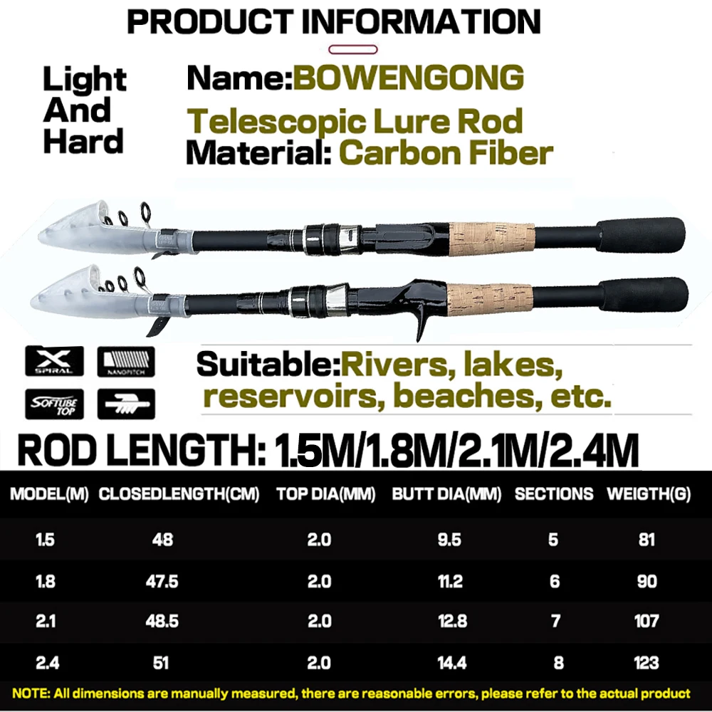 Baitcasting Köder Angelrute Spinning Teleskop 8g-25g Holzgriff Carbon Casting Angelgerät Professionelle Leichte – Detail 5
