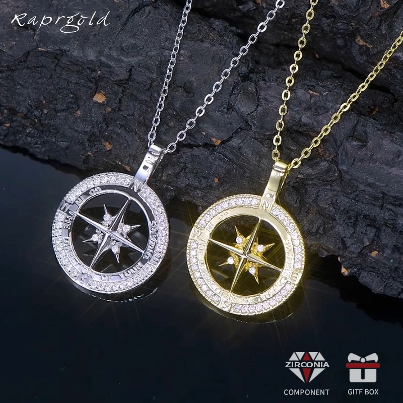 RAPRGOLD 925 Sterling Silver Compass Exquisite Necklaces Round Zircon Pave Setting Pendant Necklace Women Fashion Jewelry Gift