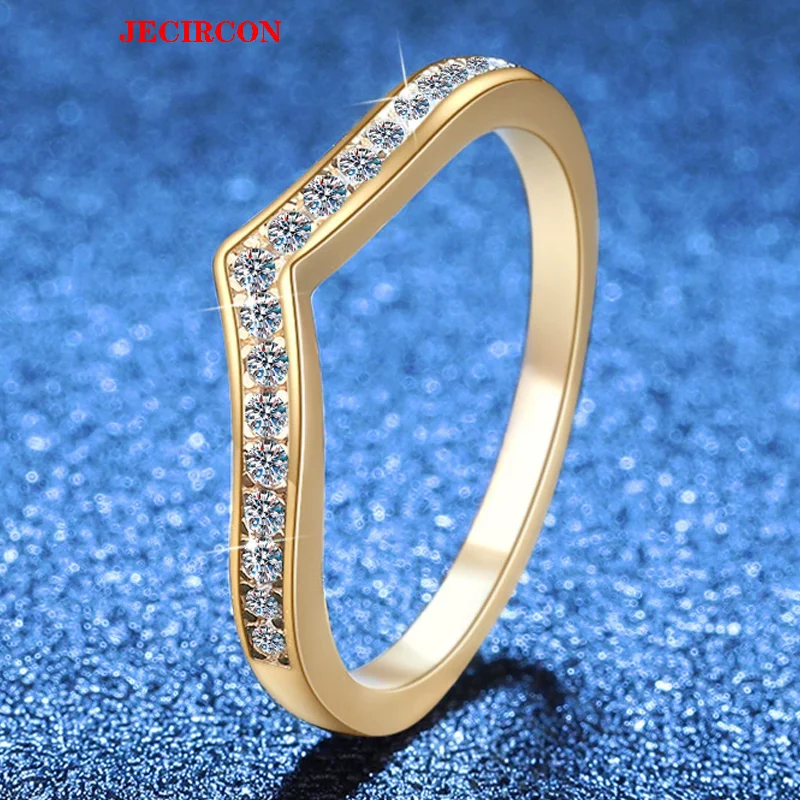 

JECIRCON S925 Sterling Silver 18K Gold Plated V Shaped Ring for Women, Full of D Color Moissanite Eternity Band, Korean Style