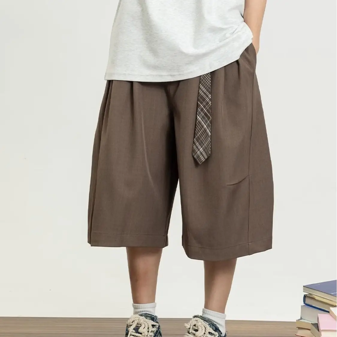 Men's Commuting Style Retro Shorts Cropped Pants Summer Cool Boy Wide Leg Casual Bottom Male High Waist Calf-length Trousers
