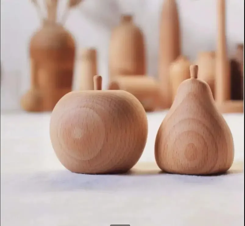 

Handmade Solid Wood Ornaments Artificial Apple Pear Sculpture Beech Wood Statue Miniatures Home Accessories Decoration Crafts