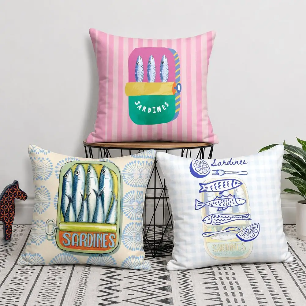 Bright Sardine Can On Pink Stripes Cushion Cover Short Plush Soft Double-Sided Printing Pillow Case Sofa Bedroom Home Decor Gift