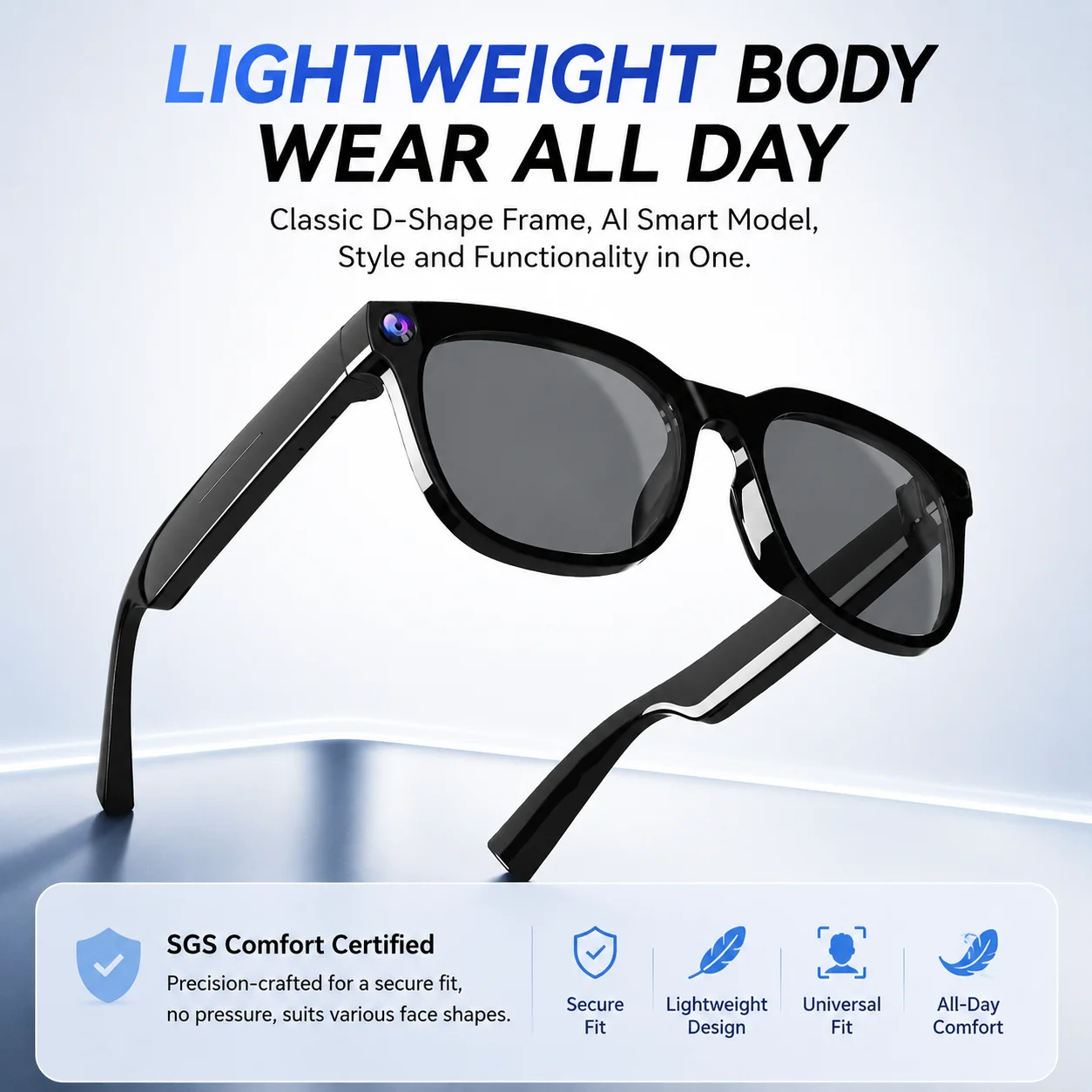 AI Smart Glasses with Camera Bluetooth Audio Calling Dual Mic Noise Cancelling Stereo Surround Sound Hands-Free Video Recording