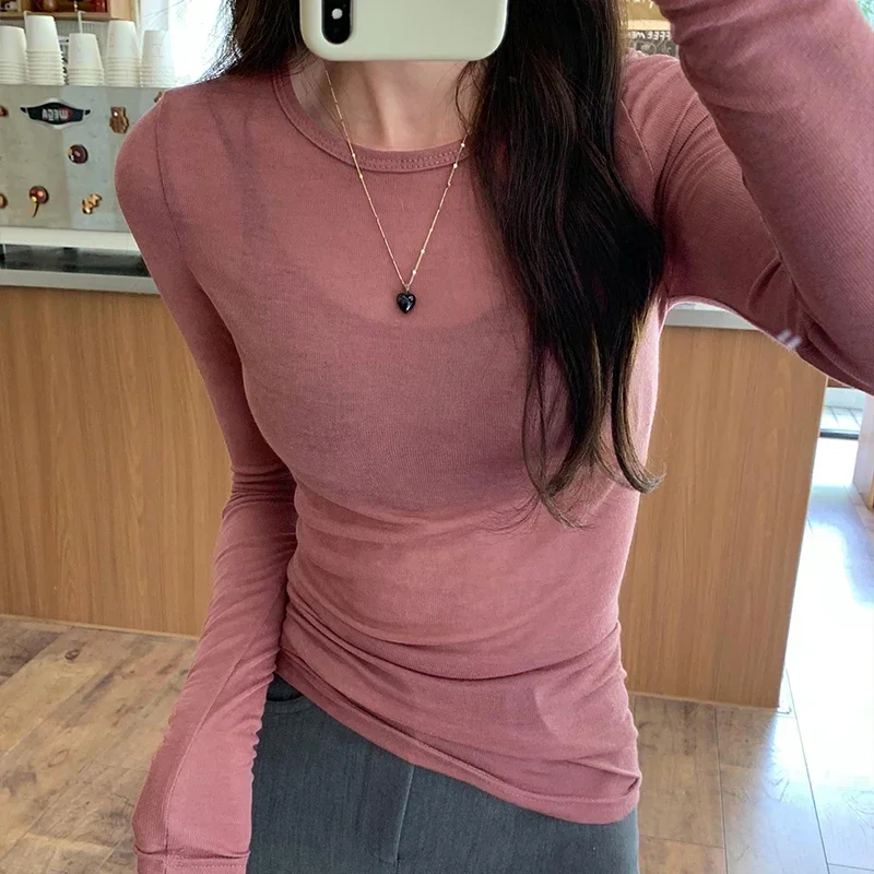 

Women T Shirt Cotton Elastic Basic High Quality Plain T-shirts Female Casual Tops Long Sleeve Sexy Thin T-shirt See Through