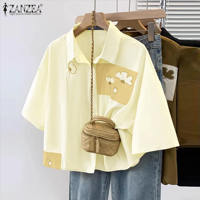 

Летняя блузка ZANZEA 2026 с цветочным пэчворком, элегантная женская рубашка с отложным воротником, короткий рукав, для работы и повседневного отдыха, туника