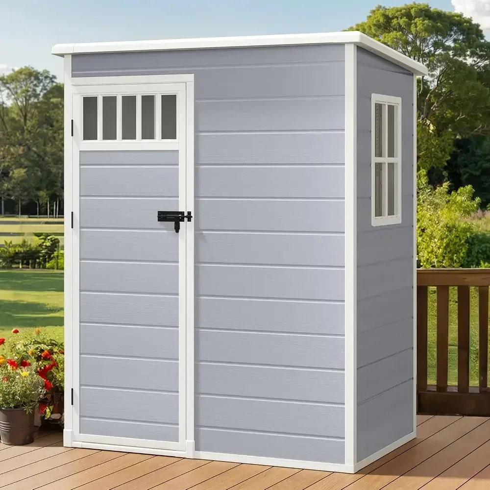 Weather-Resistant Plastic Outdoor Shed with Slanted Roof and Raised Floor for Garden Tools, Ideal for Backyard Storage (Gray, 5x
