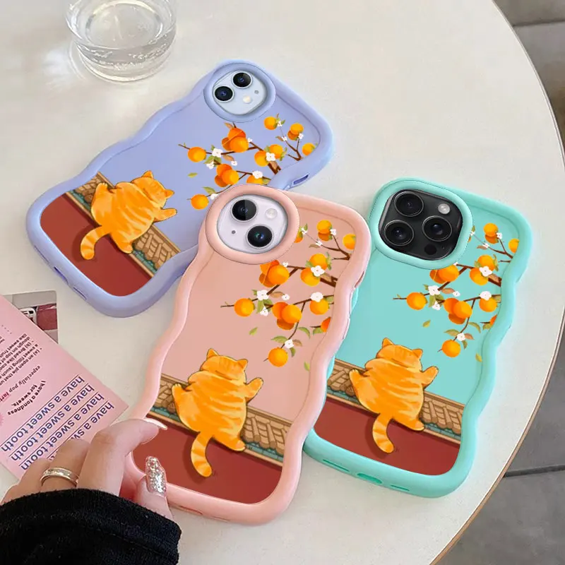 Cute Cat Macalong Phone Case for iPhone XR 11 12 13 14 15 PRO MAX PLUS Soft Cover Wavy edged Shockproof Coque Girl Shell