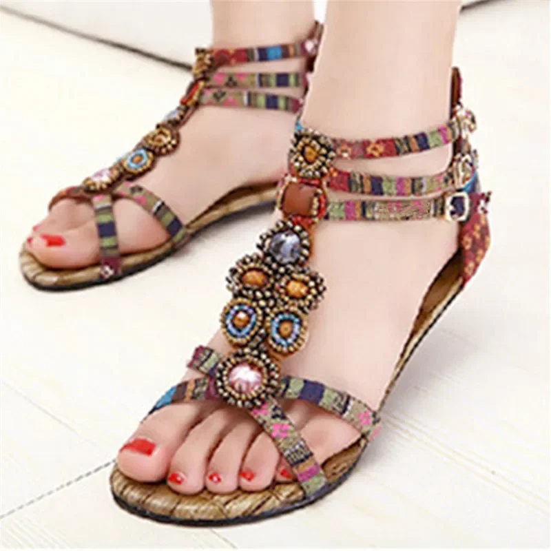 TIMETANG New Arrivals Hot New Women Summer Bohemian Style Zipper Flats Shoes Beading Casual Open Toe SandalsE461