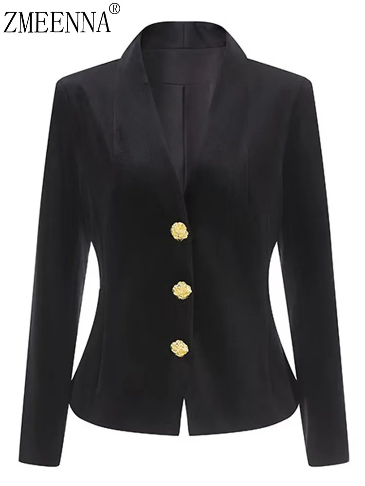 

ZMEENNA Womens Classic Black Blazer Single Breasted Fitted Jacket V Neck Gold Button Office Work Wear Outerwear ZM4658