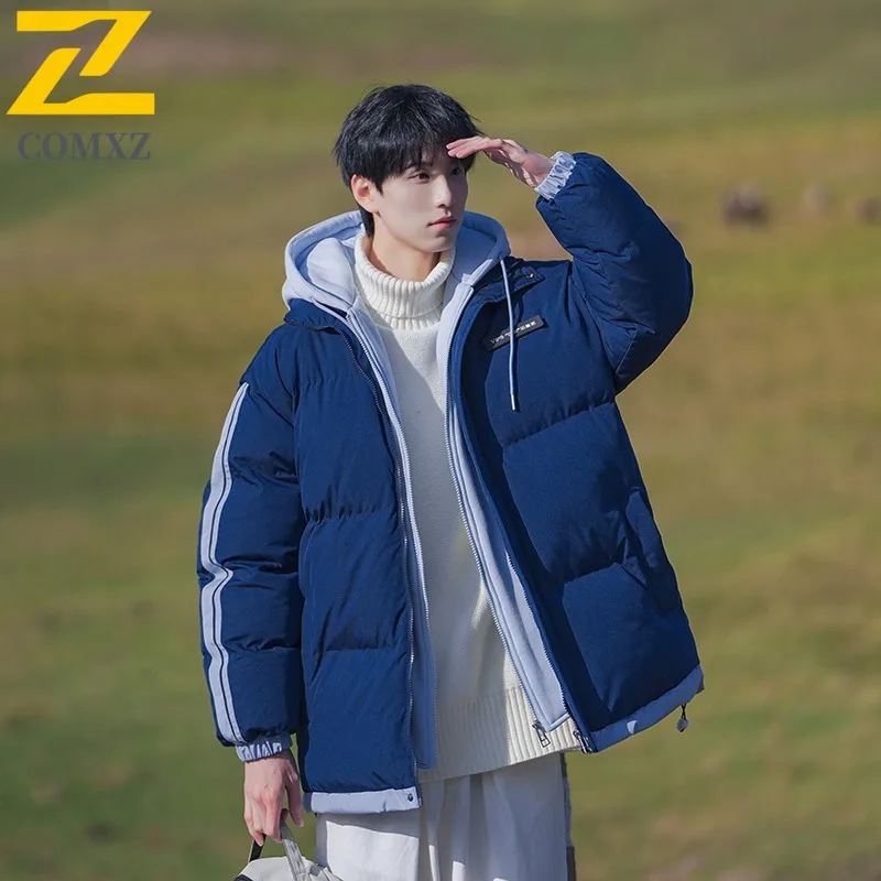 

COMXZ 2025, мужская модная толстая хлопковая куртка с капюшоном, зимняя повседневная спортивная куртка в корейском стиле, свободная посадка, теплое легкое пальто