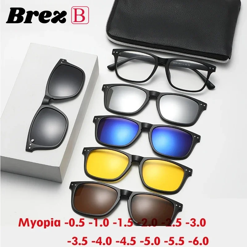 

Поляризованные магнитные солнцезащитные очки Ollymurs для женщин и мужчин, квадратные оптические очки с клипсами, 6 в 1, оправы для очков -1.0~6.0