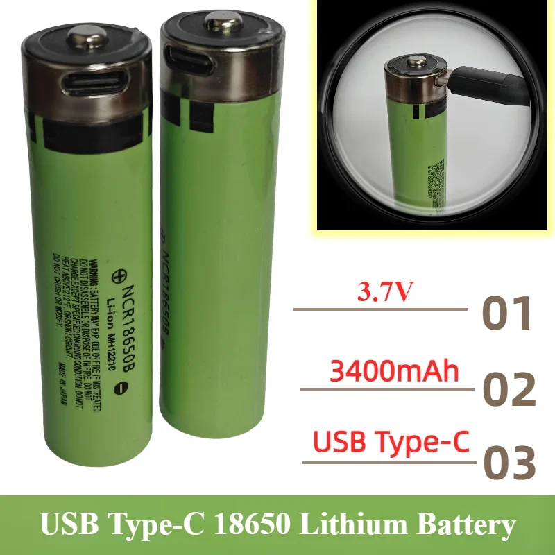 SUYIJIA 18650 Lithium Battery 3.7V 3400mAh NCR18650B Rechargeable Battery USB TYPE-C Charging Port Supports Reverse Charging