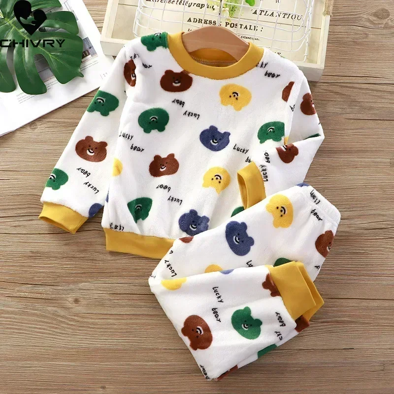 New Autumn Winter Kids Thicken Warm Flannel Pajamas Sets Baby Boys Girls Cartoon Long Sleeve O-neck Sleepwear Clothing Pyjamas