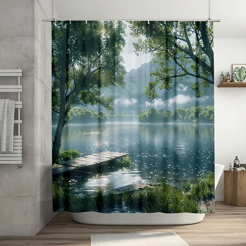 大型自然風景シャワーカーテン-180x180cm-防水森林湖森林プリント浴室装飾カーテンライナー-モダンな家の装飾用