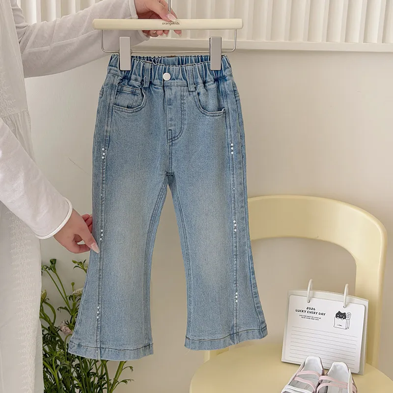 Girls Pearl Micro Flared Jeans 2026 Spring Collection Childrens High Elasticity Micro Flared Pants