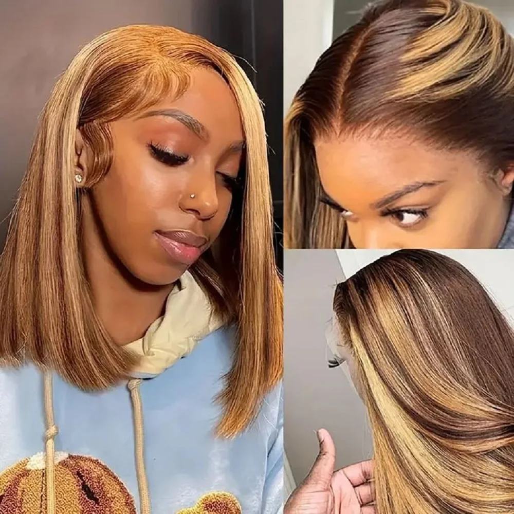 6x4 HD Lace Front Bob Perücken 14 Zoll Highlight Echthaar Perücken vorgezupft kurze gerade Bob Haar 4/27 Ombre Haar Perücken für Frauen