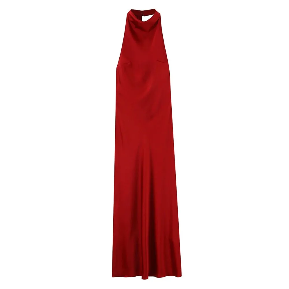DEUX TWINSTYLE Dos Nu À La Mode Robe De Soirée Pour Femmes Halter Cou Sans Manches Taille Haute Rouge Sexy Satin Longues Robes Femme Nouveau