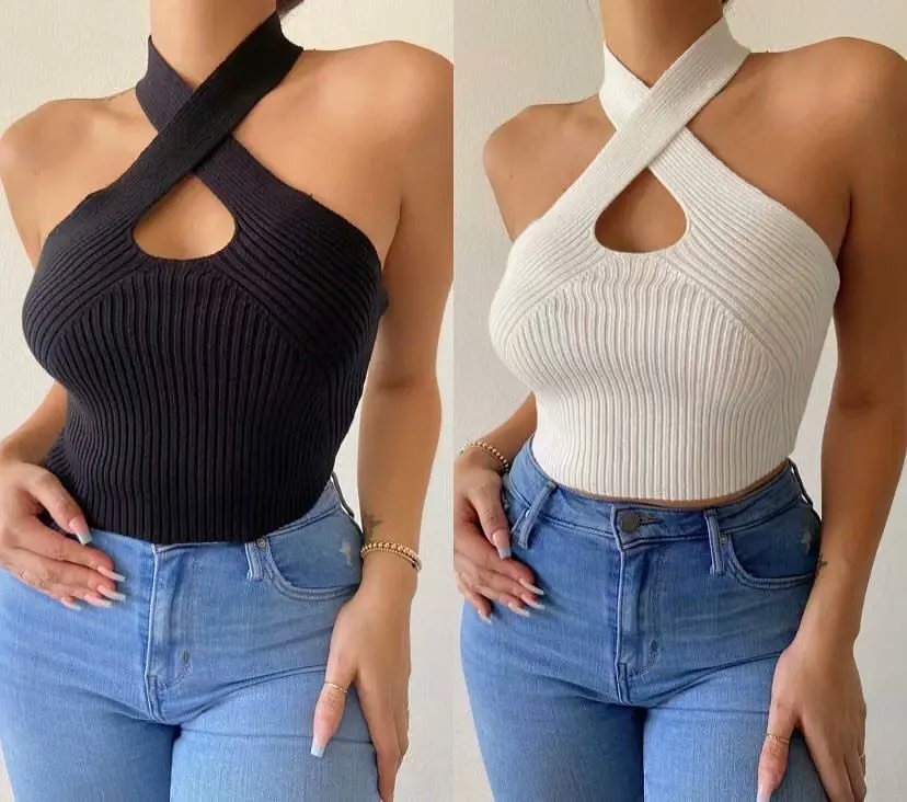 

2025 Summer woman,new arrival,fashion style sexy off-shoulder halter,cut out cross,short knitting,small vest for women